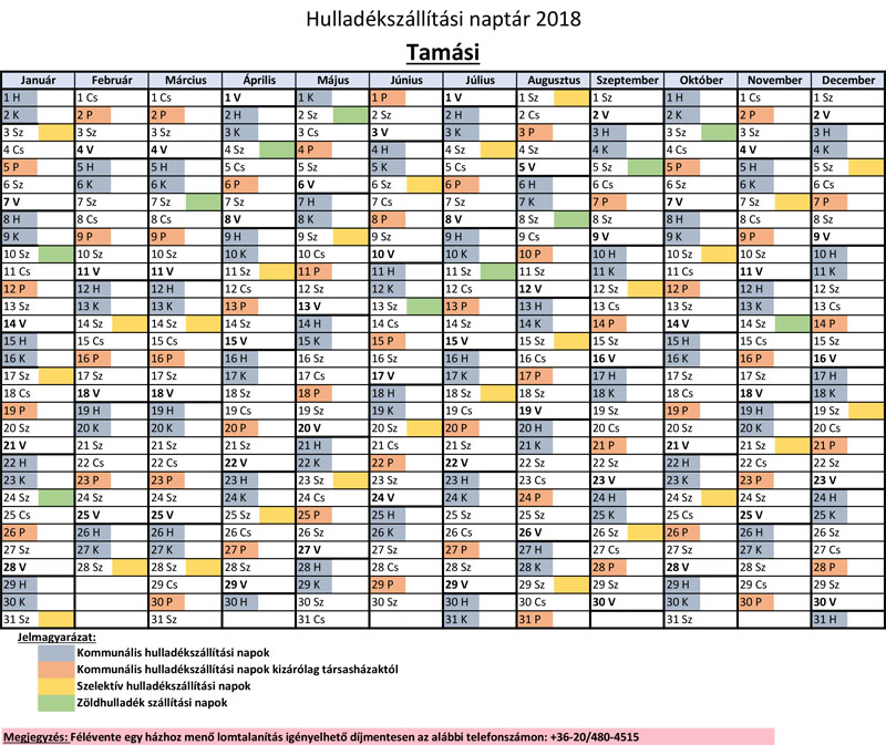 Hulladékszállítási naptár 2018