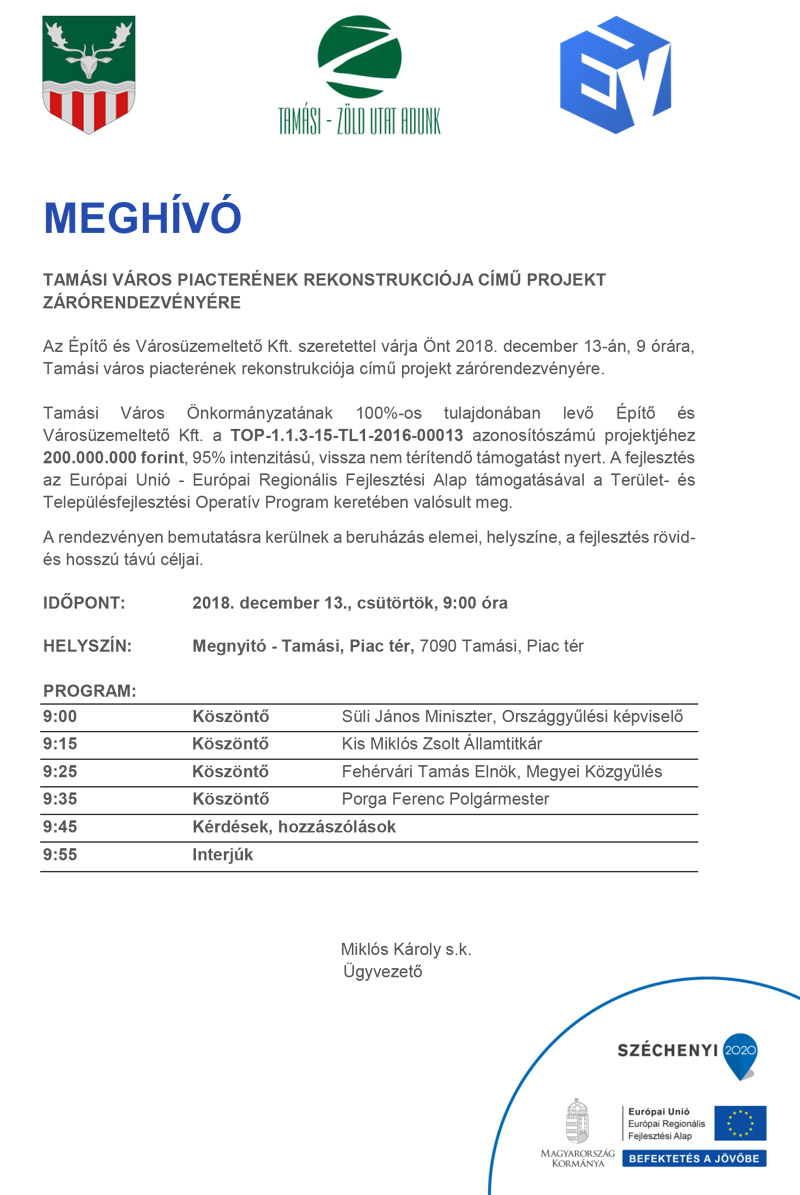 Meghívó Tamási város piacterének rekonstrukciója című projekt zárórendezvényére