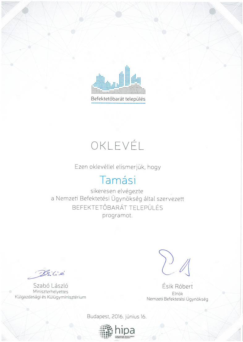 „Befektetőbarát Település” címet kapott városunk